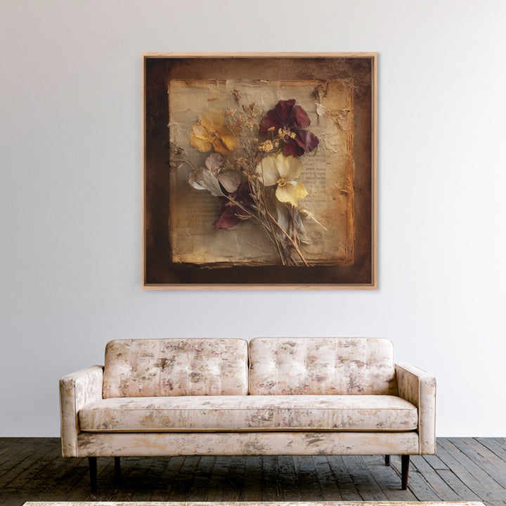 Botanical Pressed Flowers Inside Old Pages Canvas Print, Library Art, Painting, Library Decor, Oil Painting, Archive, LIB-1x1-81