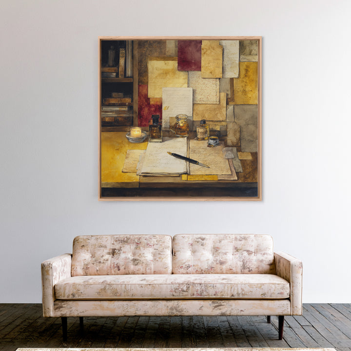 Fountain Pen and Parchment Framed Canvas Print, Library Art, Dark Academia Art, Library Decor, Abstract Art, Archive, LIB-1x1-84