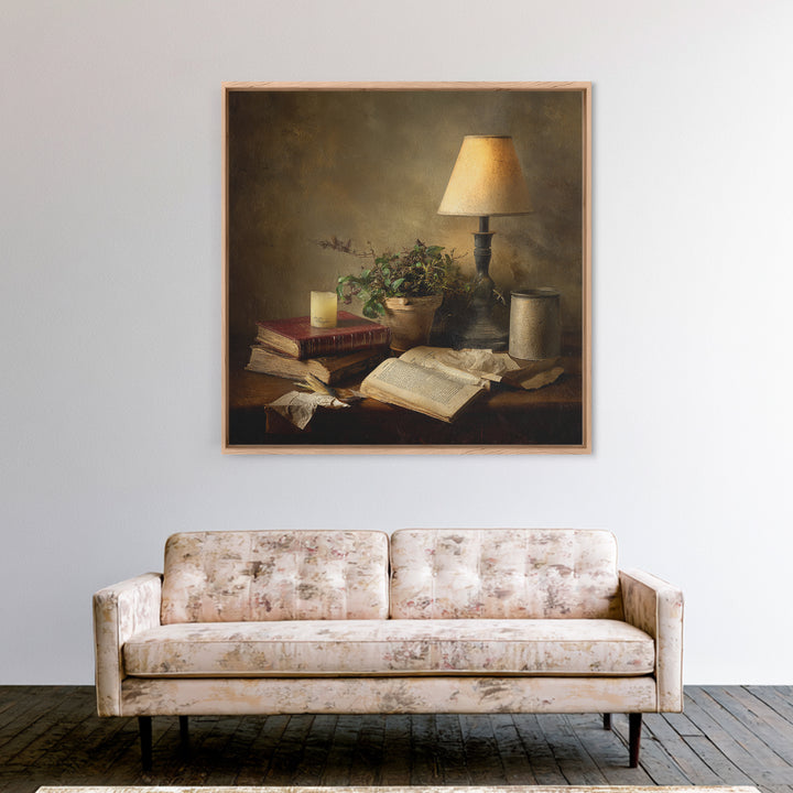 Warm Reading Lamp and Small Plant Still Framed Canvas Print, Library Art, Wall Art, Library Decor, Oil Painting, Archive, LIB-1x1-93