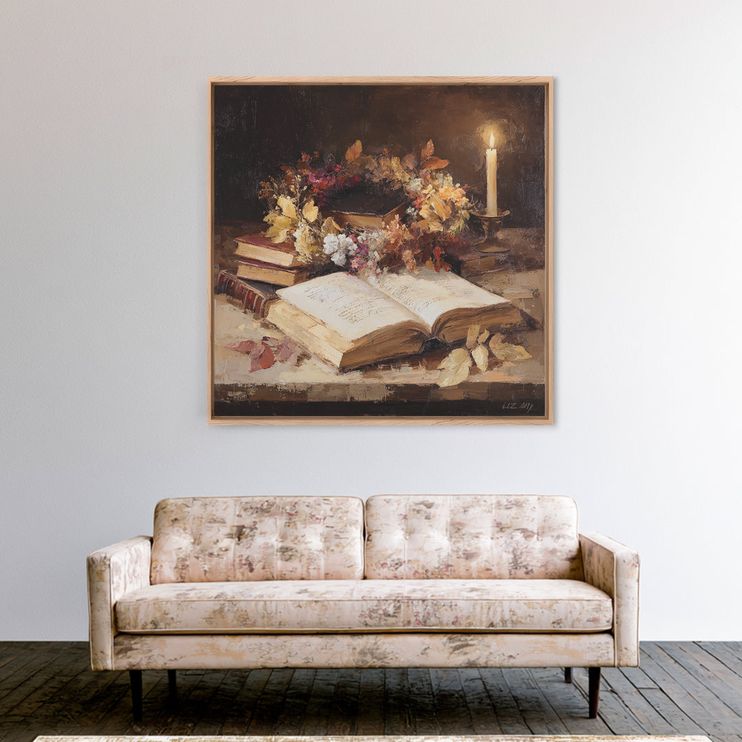 Botanical Wreath Surrounding an Open Book Framed Canvas Print, Library Art, Printable Wall Art, Library Decor, Archive, LIB-1x1-96