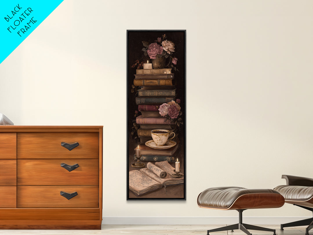 Teacup Beside a Novel and Roses Canvas Print, Library Art, Gothic Wall Decor, Library Decor, Fine Art, Archive, LIB-1x3-2