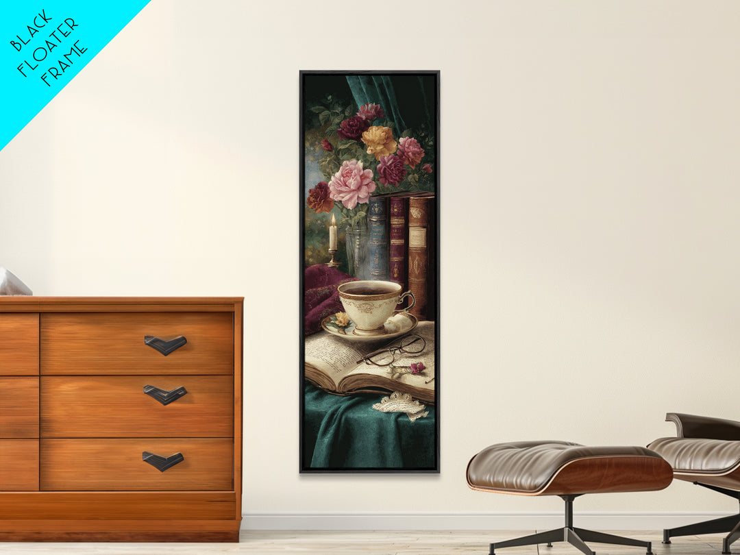 Teacup Beside a Novel and Roses Canvas Print, Library Art, Gothic Wall Decor, Library Decor, Fine Art, Archive, LIB-1x3-26