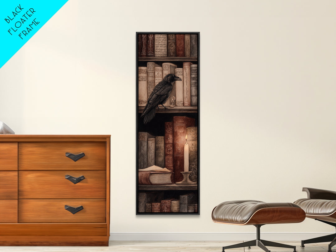 Black Raven Perched on Closed Book Framed Canvas Print, Library Art, Halloween Wall Art, Library Decor, Watercolor Art, Archive, LIB-1x3-58