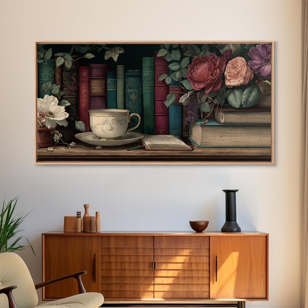 Teacup Beside a Novel and Roses Framed Canvas Print, Library Art, Contemporary Art, Library Decor, Fine Art, Archive, LIB-2x1-10