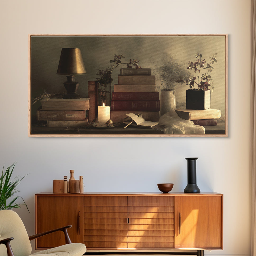 Warm Reading Lamp and Small Plant Still Canvas Print, Library Art, Printable Wall Art, Library Decor, Fine Art, Archive, LIB-2x1-17