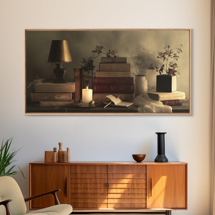 Warm Reading Lamp and Small Plant Still Canvas Print, Library Art, Printable Wall Art, Library Decor, Fine Art, Archive, LIB-2x1-17