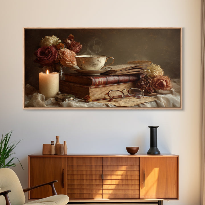 Teacup Beside a Novel and Roses Framed Canvas Print, Library Art, Contemporary Art, Library Decor, Fine Art, Archive, LIB-2x1-34