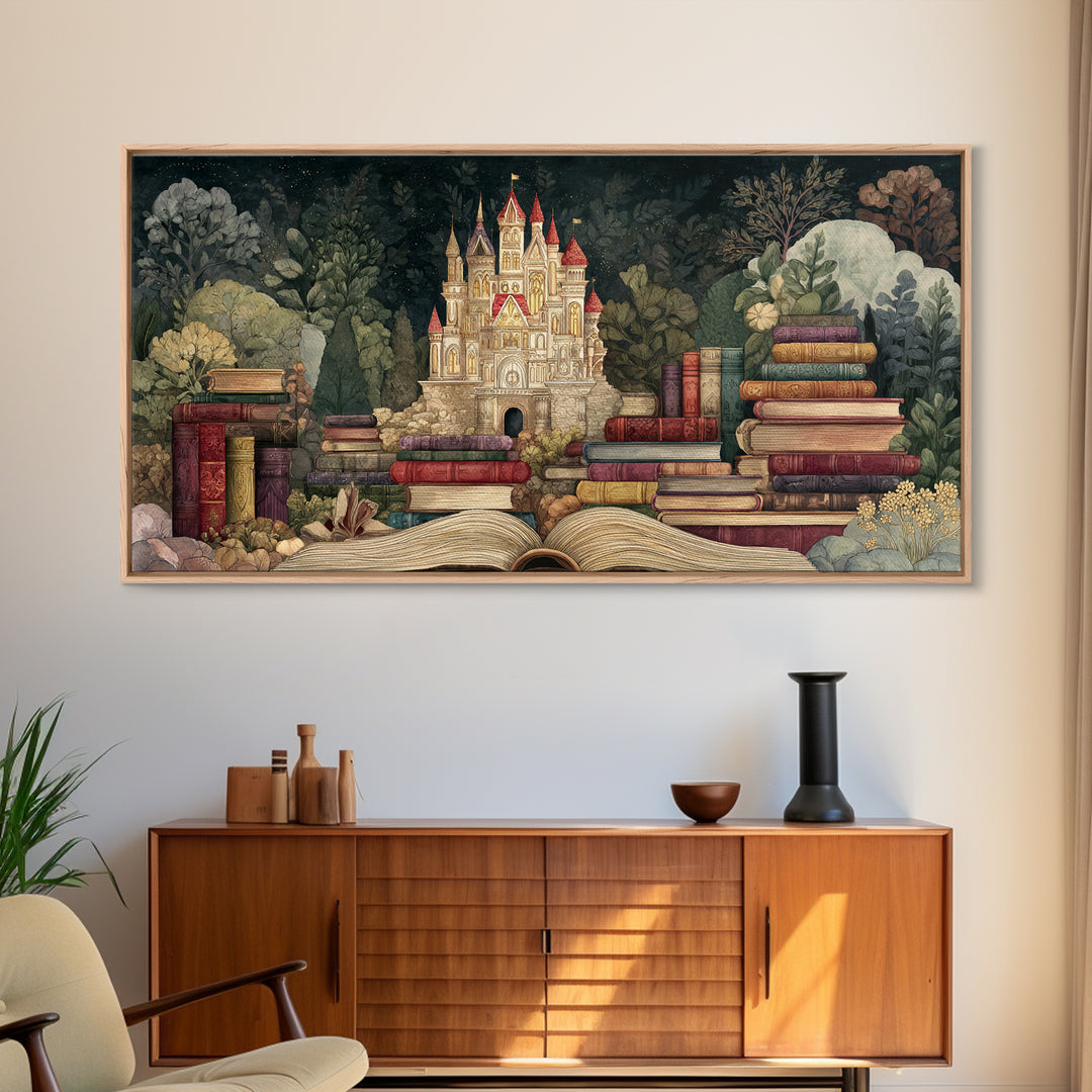 Storybook Castle Emerging from Open Book Framed Canvas Print, Library Art, Wall Art, Library Decor, Oil Painting, Archive, LIB-2x1-35