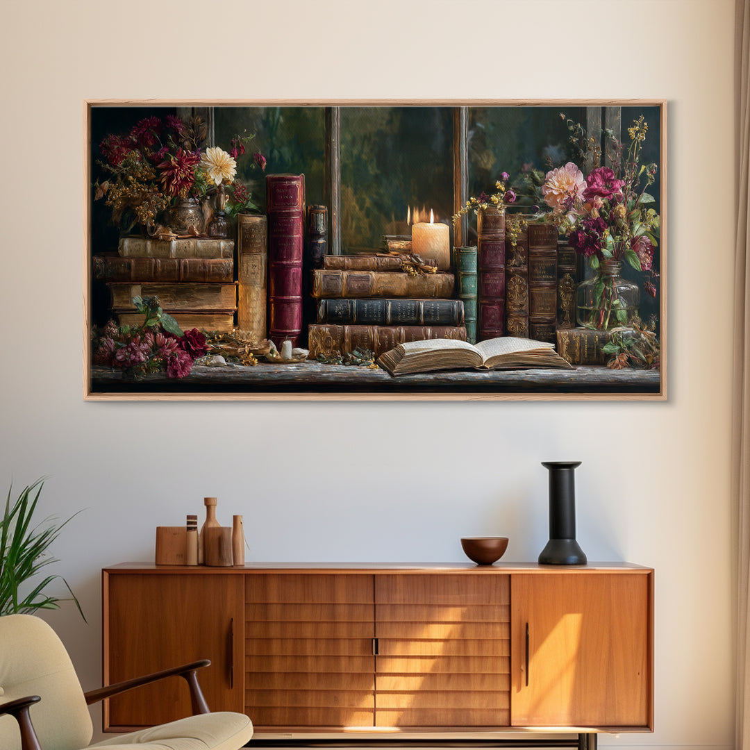 Old Books Stacked Framed Canvas Print, Library Art, Watercolor Painting, Library Decor, Oil Painting, Archive, Black Cat Art, LIB-2x1-45
