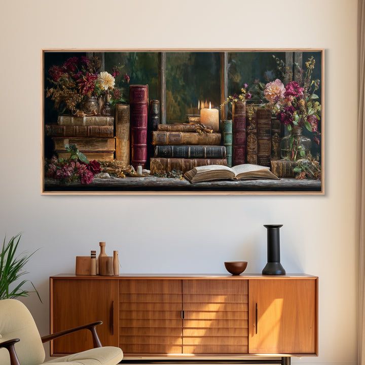 Old Books Stacked Framed Canvas Print, Library Art, Watercolor Painting, Library Decor, Oil Painting, Archive, Black Cat Art, LIB-2x1-45