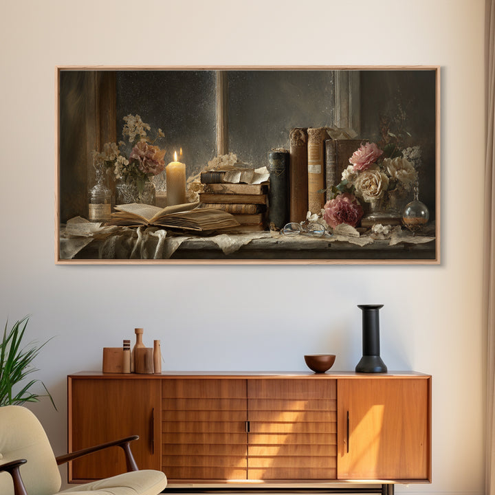 Moonlit Window with Floating Pages Canvas Print, Library Art, Digital Art, Library Decor, Fine Art, Archive, Watercolor Art, LIB-2x1-52