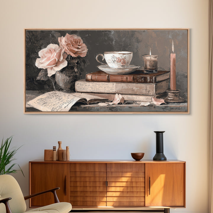 Teacup Beside a Novel and Roses Canvas Print, Library Art, Digital Art, Library Decor, Fine Art, Archive, Watercolor Art, LIB-2x1-58