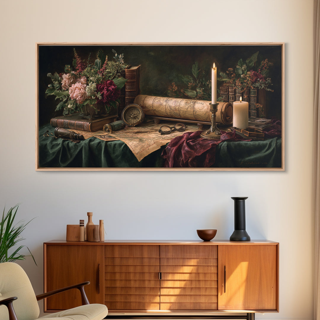 Map and Compass on Leather Bound Atlas Framed Canvas Print, Library Art, Gothic Home Decor, Library Decor, Oil Painting, LIB-2x1-60
