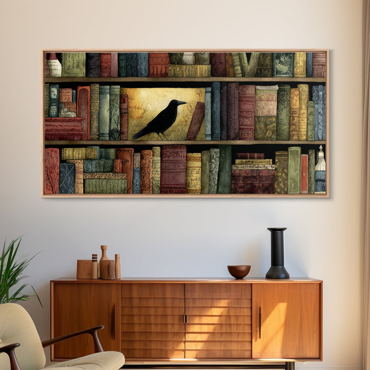 Black Raven Perched on Closed Book Canvas Print, Library Art, Library Decor, Watercolor Art, Archive, Unique Wall Art, LIB-2x1-66