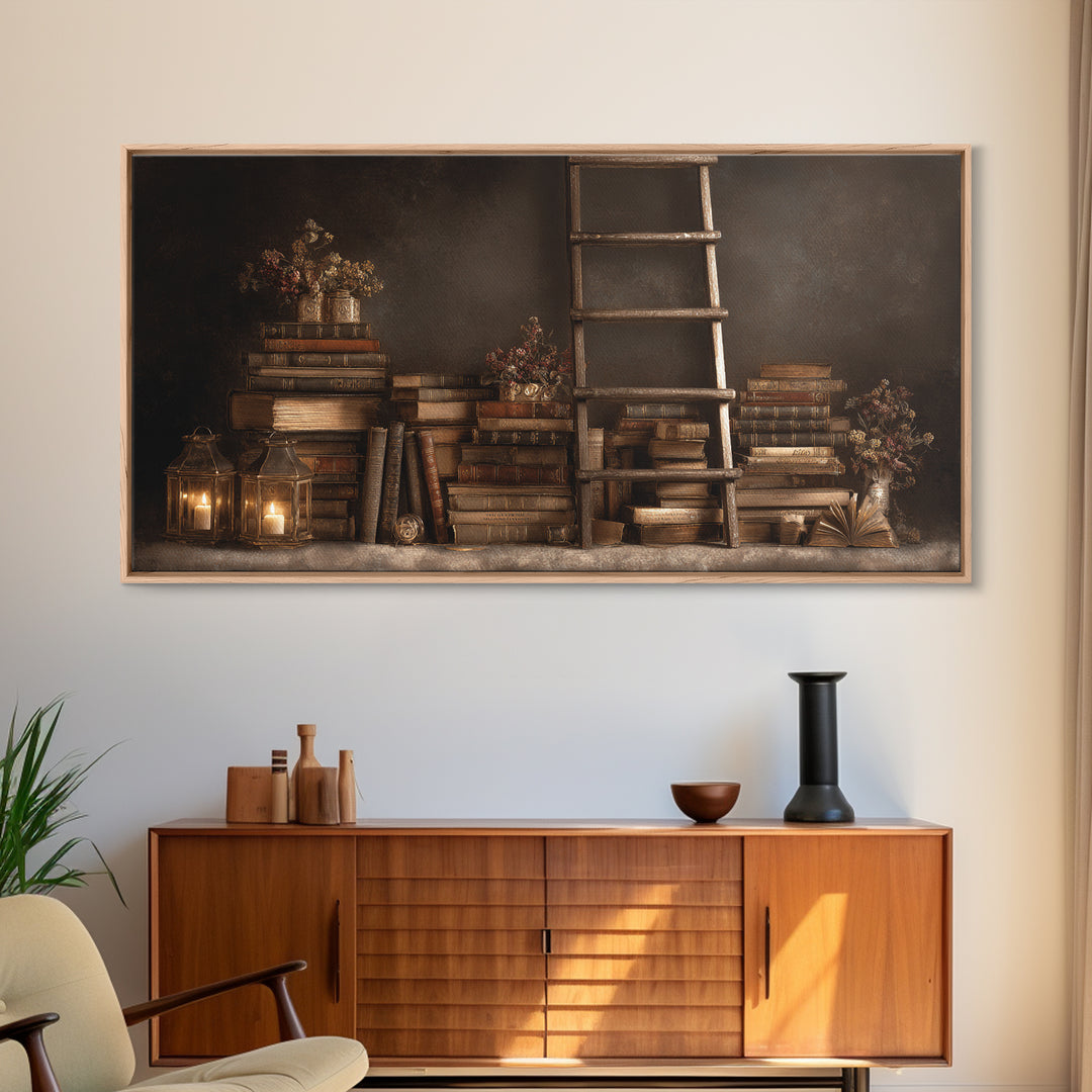 Rolling Library Ladder Canvas Print, Library Art, Dark Academia Art, Library Decor, Abstract Art, Archive, Room Decor, LIB-2x1-71