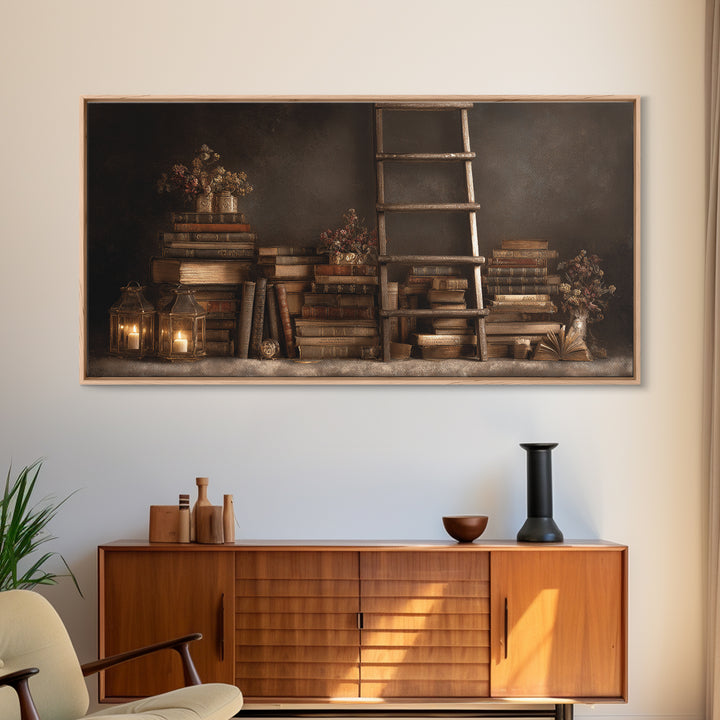 Rolling Library Ladder Canvas Print, Library Art, Dark Academia Art, Library Decor, Abstract Art, Archive, Room Decor, LIB-2x1-71
