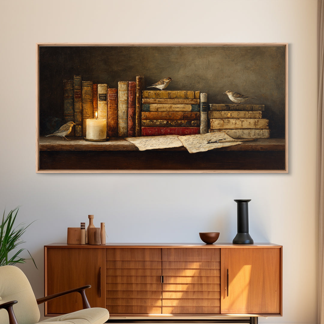 Open Book Releasing Tiny Birds Framed Canvas Print, Library Art, Living Room Decor, Library Decor, Fine Art, Archive, LIB-2x1-72