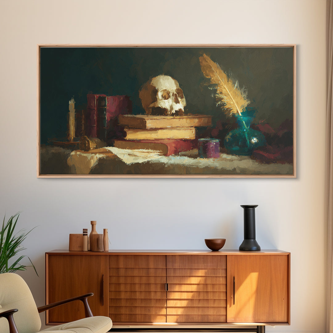 Dark Academia Skull Book and Quill Still Canvas Print, Library Art, Unique Wall Art, Library Decor, Fine Art, Archive, LIB-2x1-73