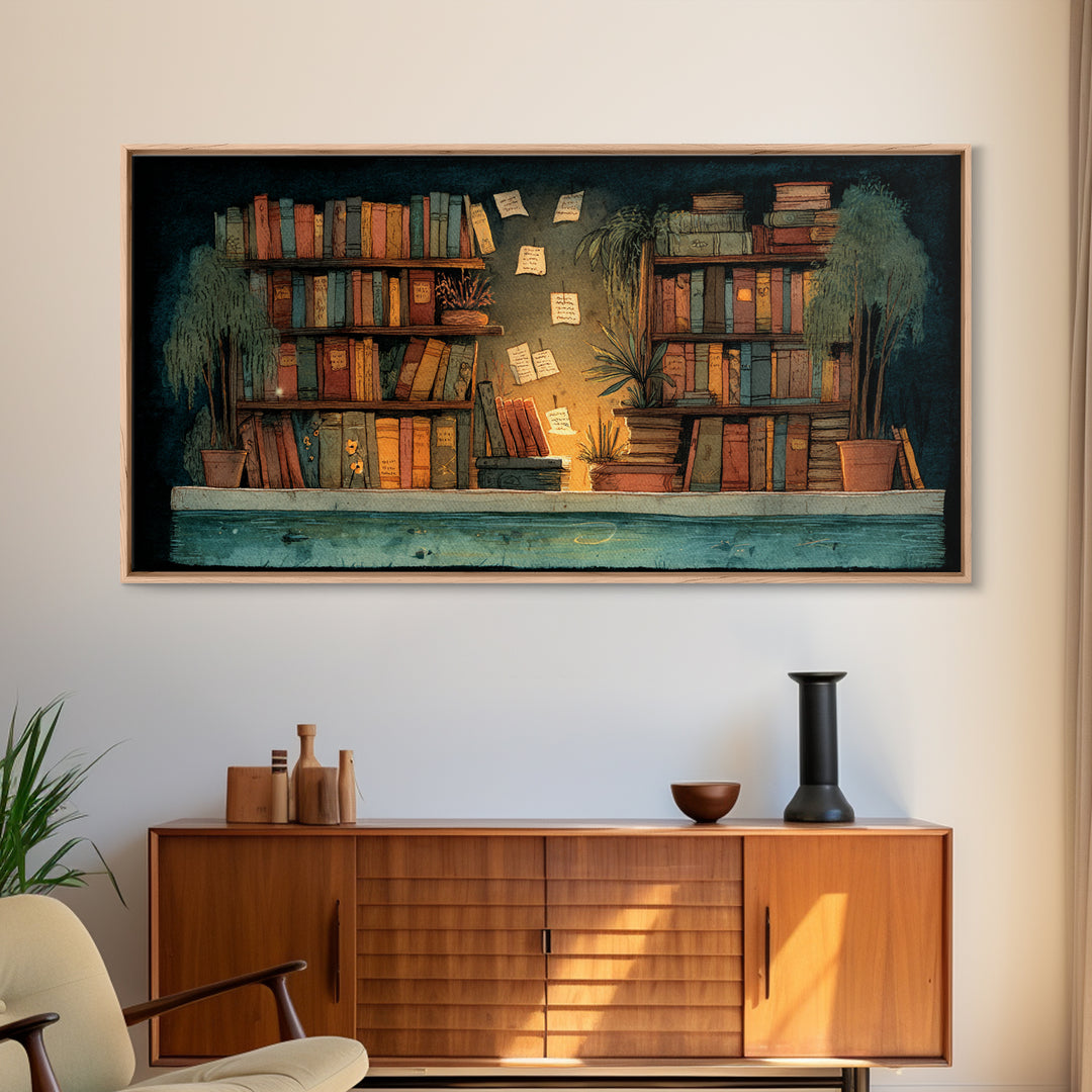 Moonlit Window with Floating Pages Canvas Print, Library Art, Gothic Wall Art, Library Decor, Archive, Bookish Wall Art, LIB-2x1-76