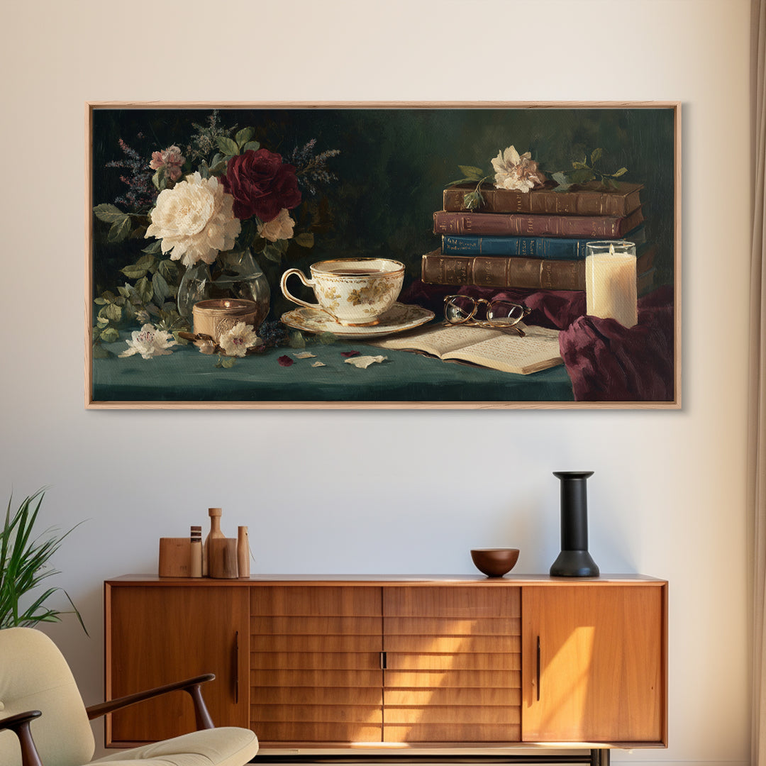 Teacup Beside a Novel and Roses Canvas Print, Library Art, Digital Art, Library Decor, Fine Art, Archive, Watercolor Art, LIB-2x1-82