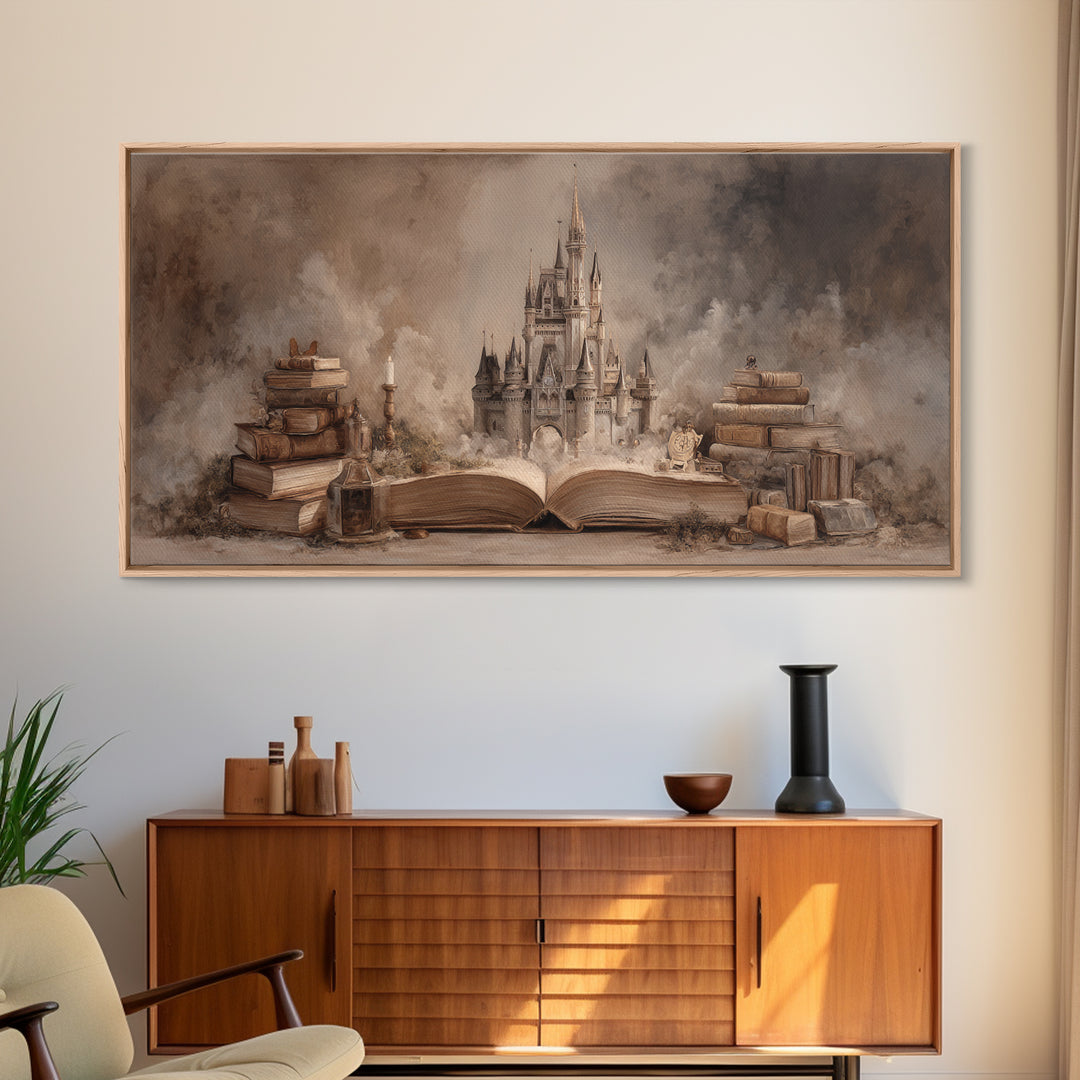 Storybook Castle Emerging from Open Book Framed Canvas Print, Library Art, Painting, Library Decor, Fine Art, Archive, LIB-2x1-83