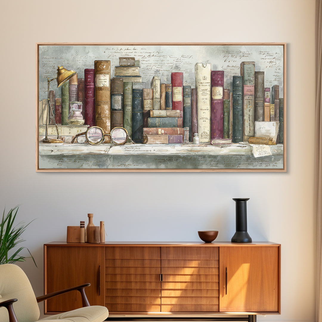 Antique Spectacles on a Manuscript Framed Canvas Print, Library Art, Unique Wall Art, Library Decor, Fine Art, Archive, LIB-2x1-88