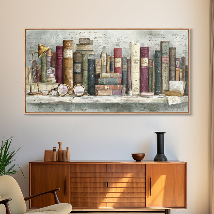 Antique Spectacles on a Manuscript Framed Canvas Print, Library Art, Unique Wall Art, Library Decor, Fine Art, Archive, LIB-2x1-88