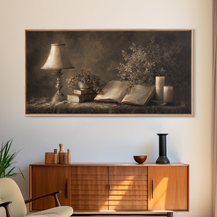 Warm Reading Lamp and Small Plant Still Canvas Print, Library Art, Watercolor Art, Library Decor, Archive, Halloween Wall Art, LIB-2x1-89
