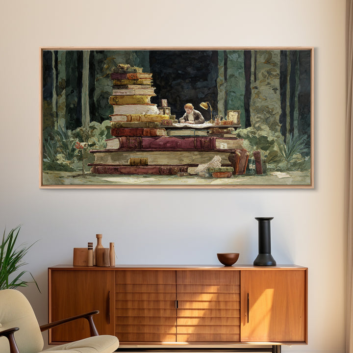 Renaissance Reading Figure Framed Canvas Print, Library Art, Dark Academia Decor, Library Decor, Archive, Botanical Art, LIB-2x1-91