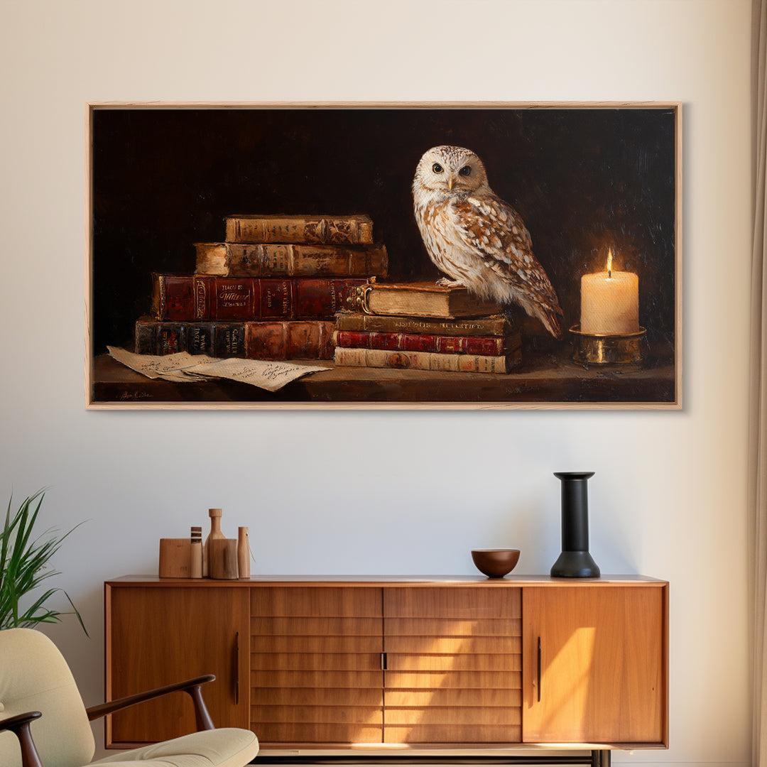 Owl Perched on a Pile of Antique Canvas Print, Library Art, Printable Art, Library Decor, Fine Art, Archive, Bookish Decor, LIB-2x1-94