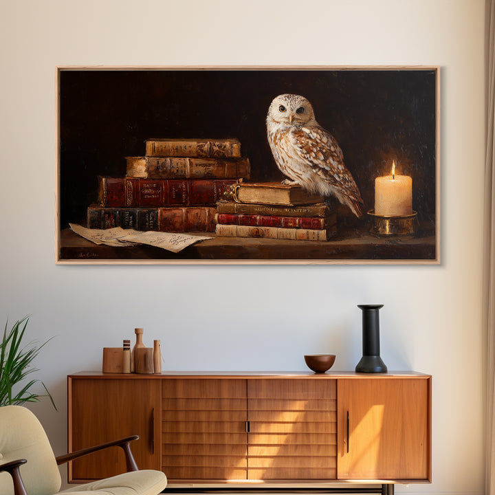 Owl Perched on a Pile of Antique Canvas Print, Library Art, Printable Art, Library Decor, Fine Art, Archive, Bookish Decor, LIB-2x1-94