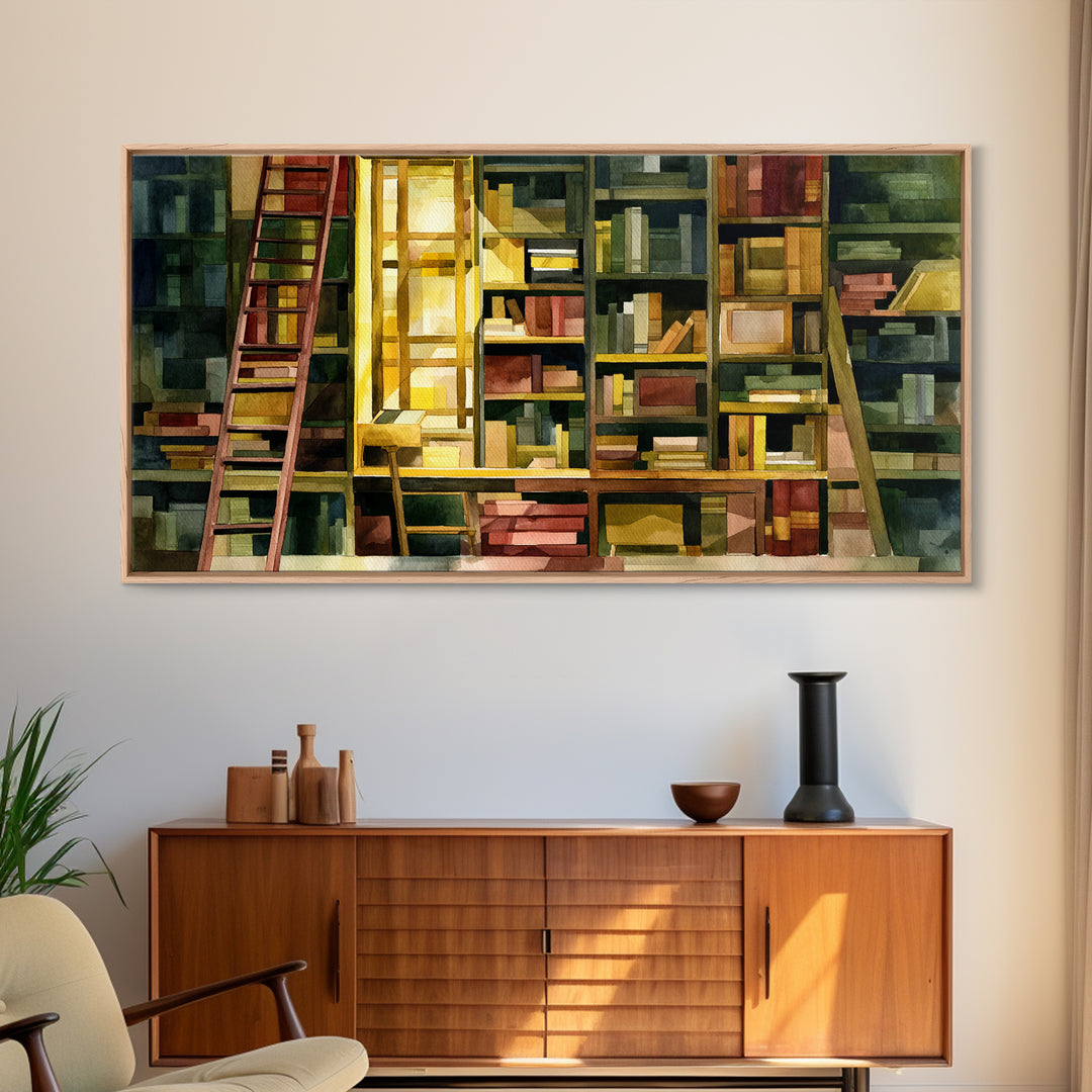 Rolling Library Ladder Framed Canvas Print, Library Art, Neutral Decor, Library Decor, Fine Art, Archive, Home Decor, LIB-2x1-95