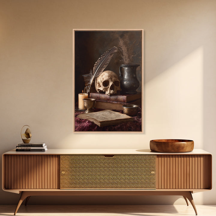 Dark Academia Skull Book and Quill Still Framed Canvas Print, Library Art, Dark Academia Decor, Library Decor, Archive, LIB-2x3-13
