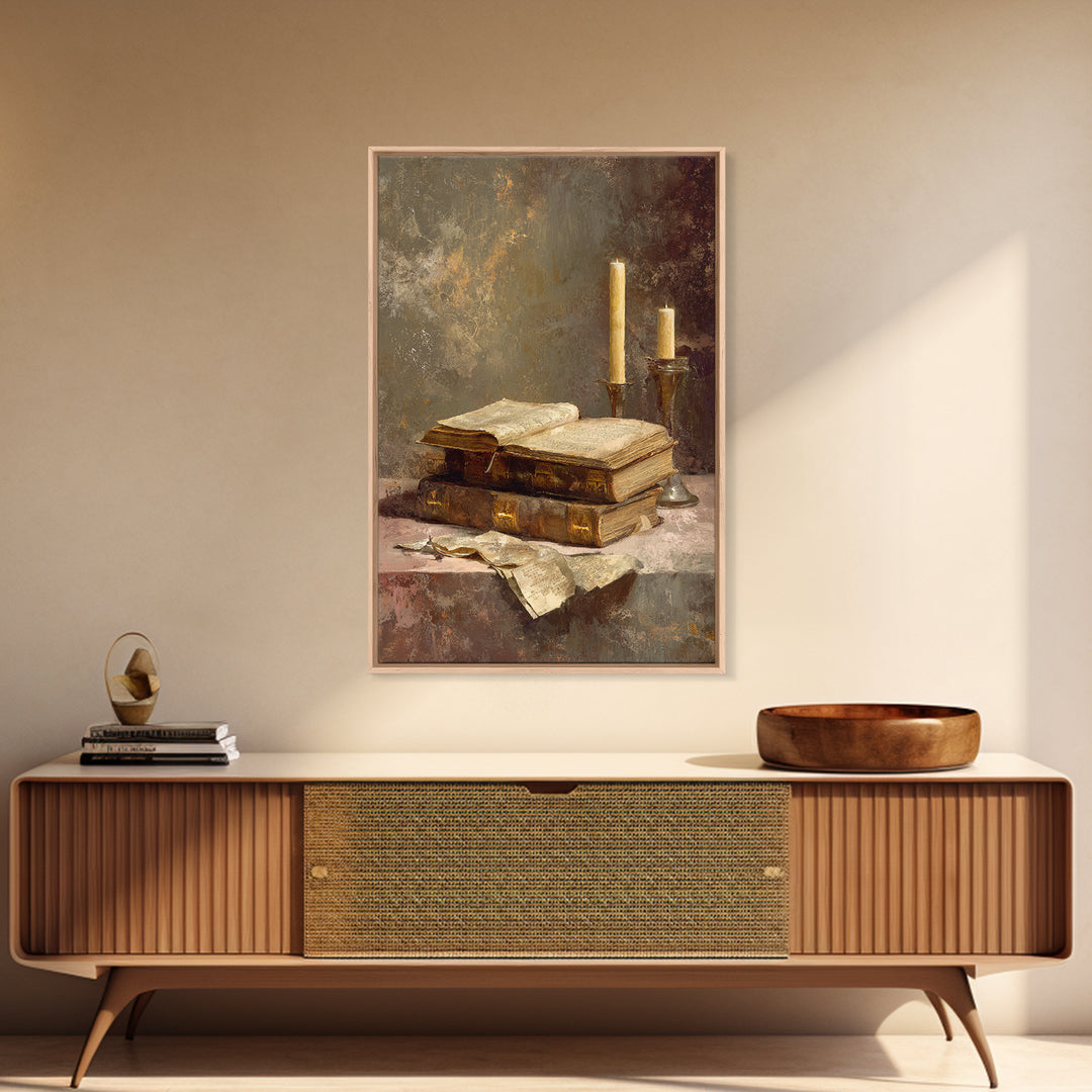 Ancient Book with Brass Clasps Framed Canvas Print, Library Art, Gothic Home Decor, Library Decor, Oil Painting, Archive, LIB-2x3-21