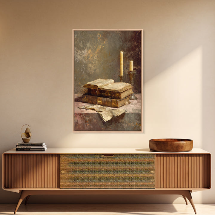Ancient Book with Brass Clasps Framed Canvas Print, Library Art, Gothic Home Decor, Library Decor, Oil Painting, Archive, LIB-2x3-21