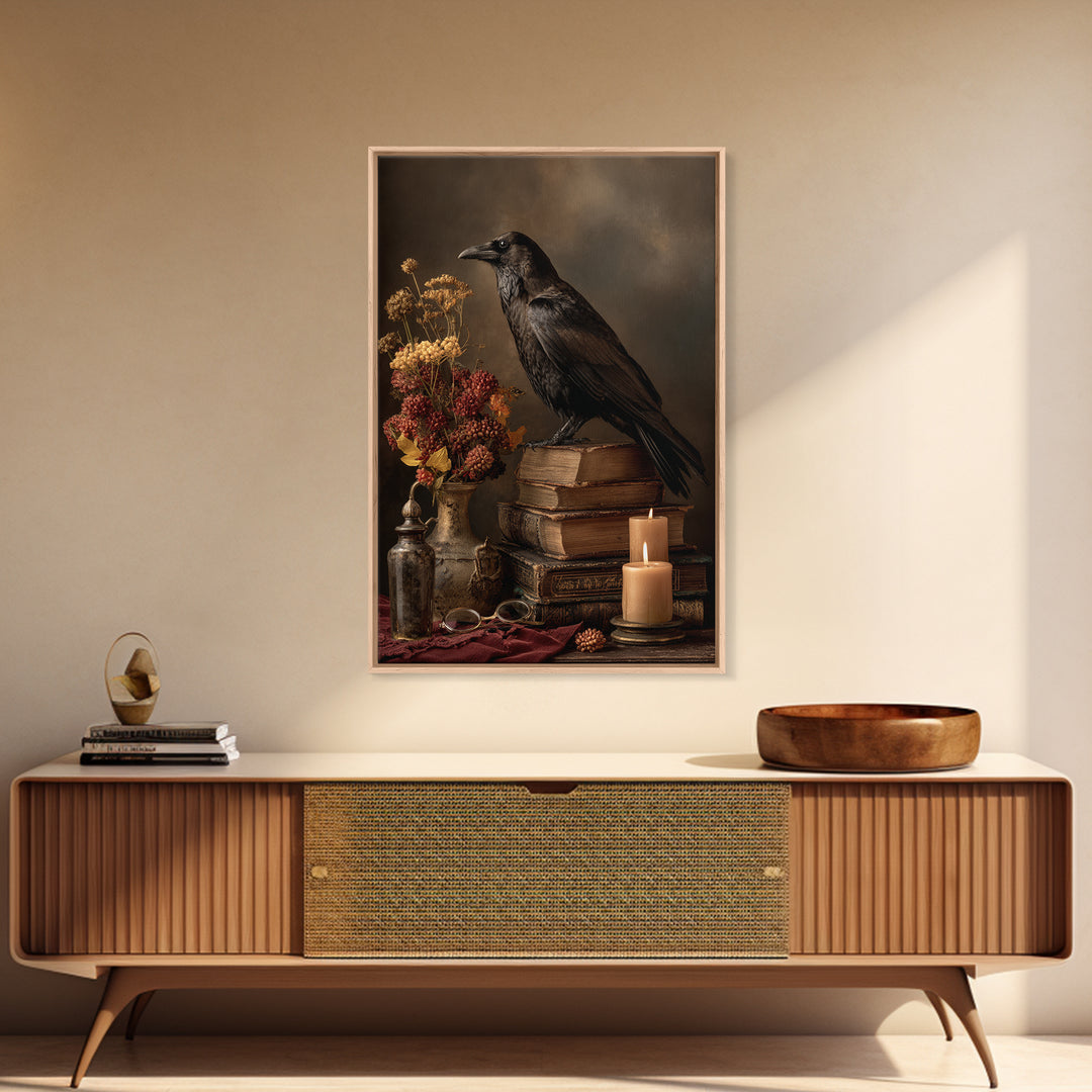 Black Raven Perched on Closed Book Framed Canvas Print, Library Art, Living Room Decor, Library Decor, Fine Art, Archive, LIB-2x3-78