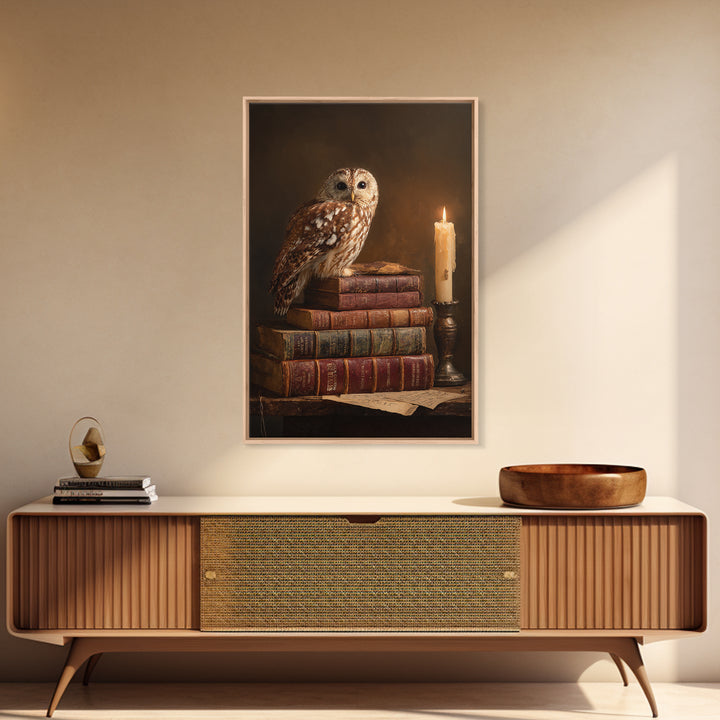 Owl Perched on a Pile of Antique Canvas Print, Library Art, Dark Academia Decor, Library Decor, Archive, Botanical Art, LIB-2x3-82