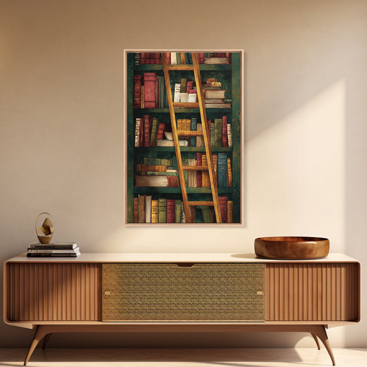 Rolling Library Ladder Framed Canvas Print, Library Art, Dark Academia Art, Library Decor, Abstract Art, Archive, Room Decor, LIB-2x3-83