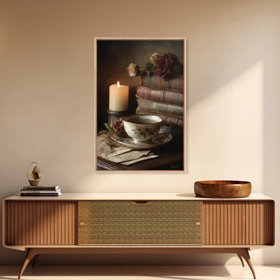 Teacup Beside a Novel and Roses Framed Canvas Print, Library Art, Unique Wall Art, Library Decor, Archive, Dark Academia Art, LIB-2x3-94