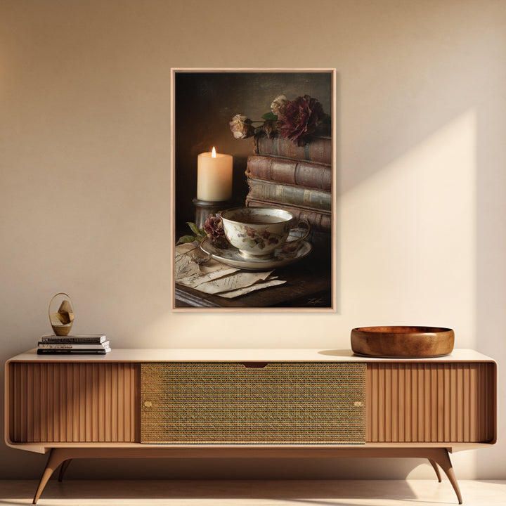 Teacup Beside a Novel and Roses Framed Canvas Print, Library Art, Unique Wall Art, Library Decor, Archive, Dark Academia Art, LIB-2x3-94