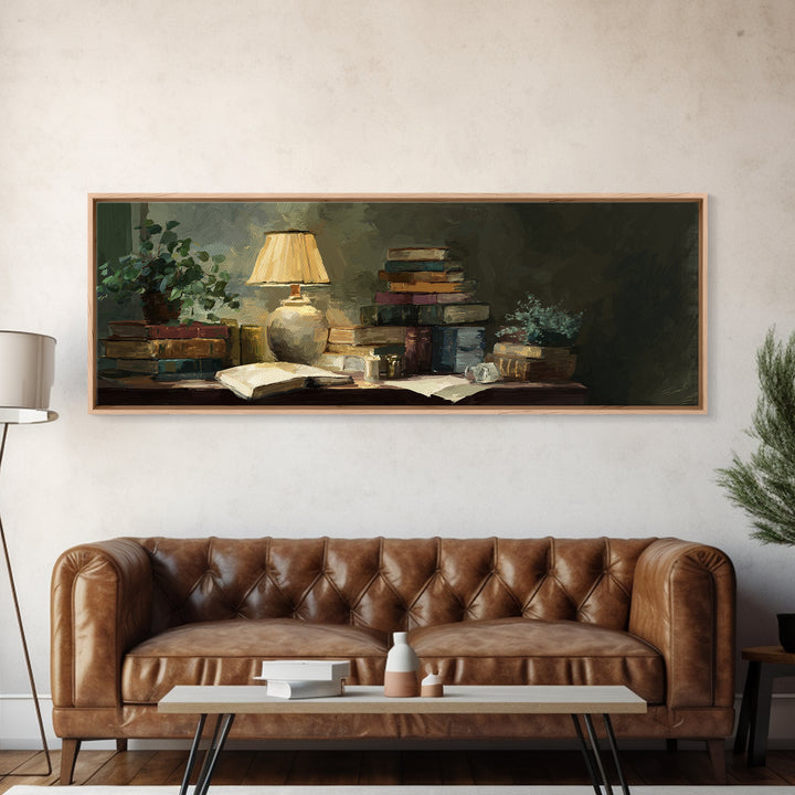 Warm Reading Lamp and Small Plant Still Canvas Print, Library Art, Watercolor Art, Library Decor, Archive, Halloween Wall Art, LIB-3x1-13