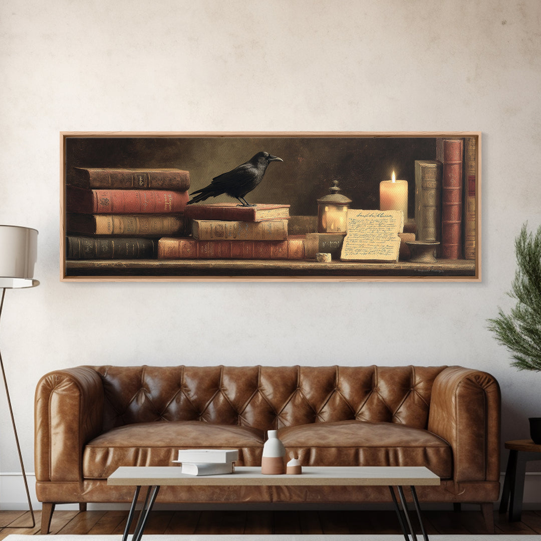 Black Raven Perched on Closed Book Canvas Print, Library Art, Modern Decor, Library Decor, Fine Art, Archive, Wall Decor, LIB-3x1-14