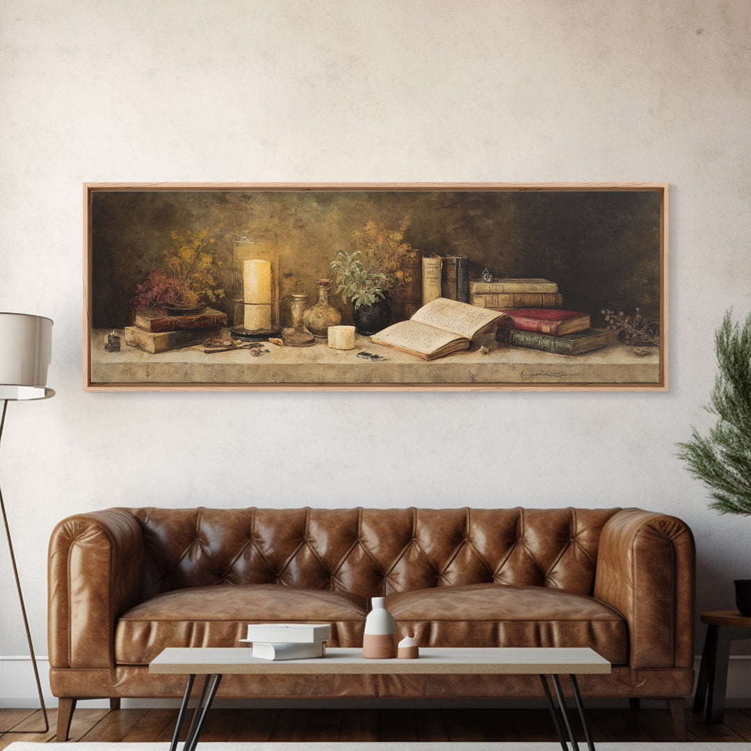 Warm Reading Lamp and Small Plant Still Framed Canvas Print, Library Art, Botanical Art, Library Decor, Watercolor Art, Archive, LIB-3x1-37