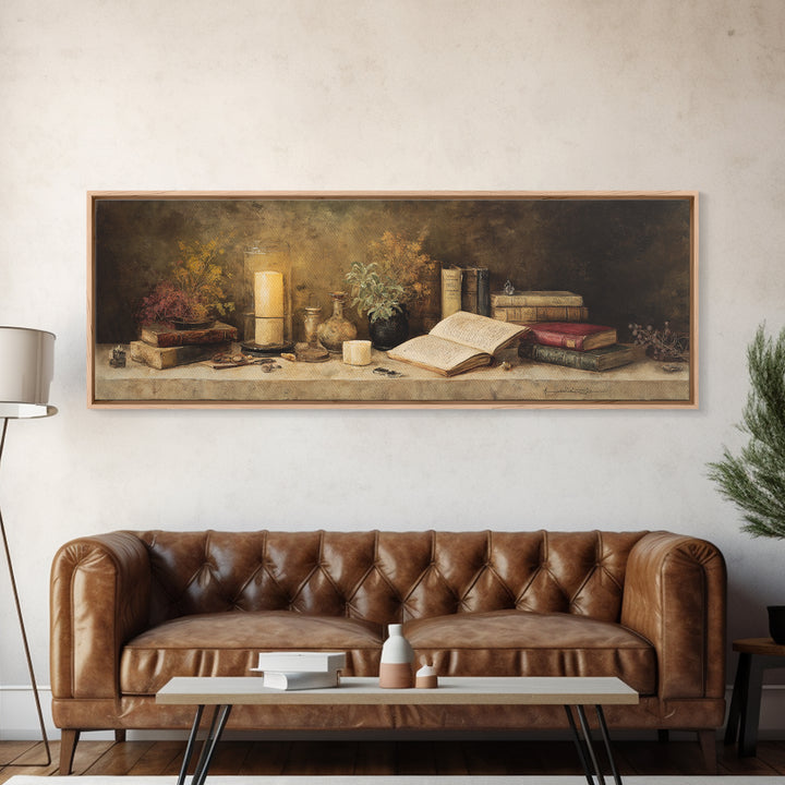 Warm Reading Lamp and Small Plant Still Framed Canvas Print, Library Art, Botanical Art, Library Decor, Watercolor Art, Archive, LIB-3x1-37