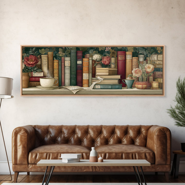 Teacup Beside a Novel and Roses Canvas Print, Library Art, Gothic Wall Decor, Library Decor, Fine Art, Archive, LIB-3x1-54