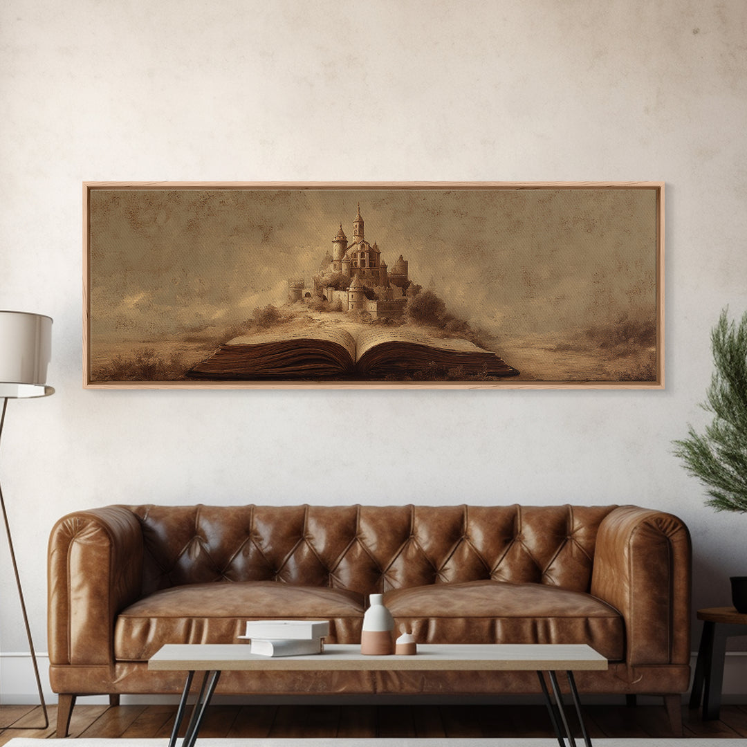 Storybook Castle Emerging from Open Book Framed Canvas Print, Library Art, Painting, Library Decor, Fine Art, Archive, LIB-3x1-55