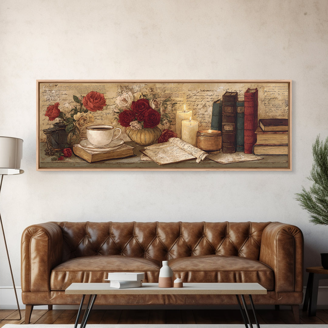 Teacup Beside a Novel and Roses Canvas Print, Library Art, Black Cat Art, Library Decor, Fine Art, Archive, Luxury Decor, LIB-3x1-6