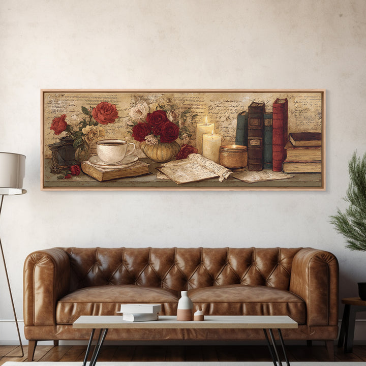 Teacup Beside a Novel and Roses Canvas Print, Library Art, Black Cat Art, Library Decor, Fine Art, Archive, Luxury Decor, LIB-3x1-6