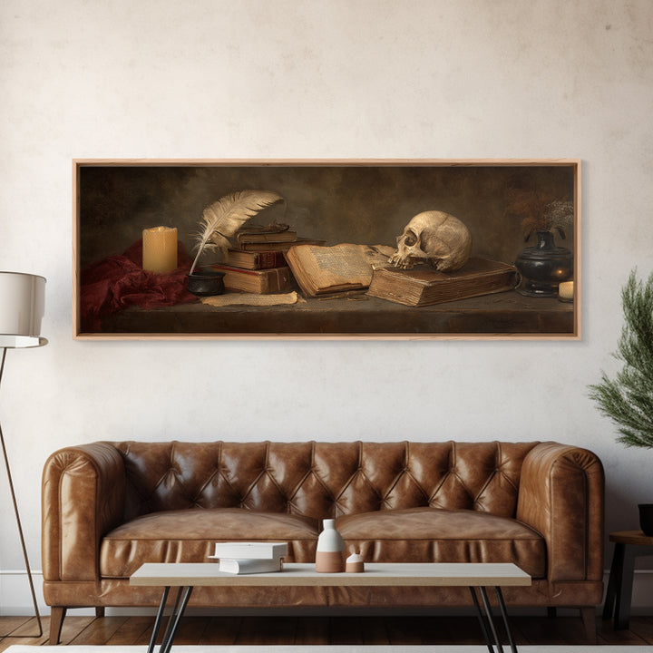 Dark Academia Skull Book and Quill Still Framed Canvas Print, Library Art, Gallery Decor, Library Decor, Fine Art, Archive, LIB-3x1-69