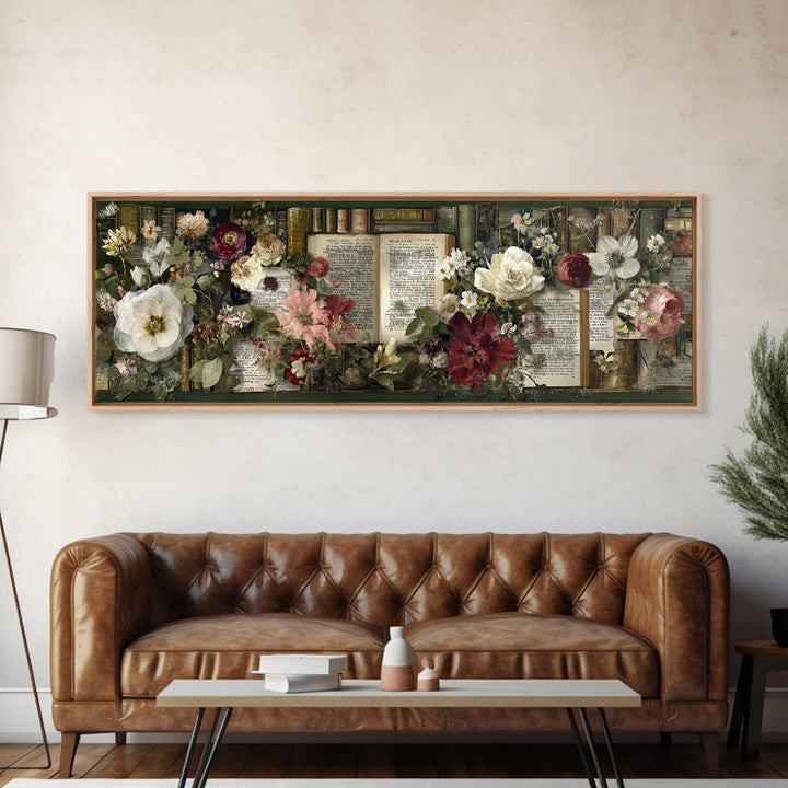 Botanical Pressed Flowers Inside Old Pages Framed Canvas Print, Library Art, Neutral Decor, Library Decor, Oil Painting, LIB-3x1-73